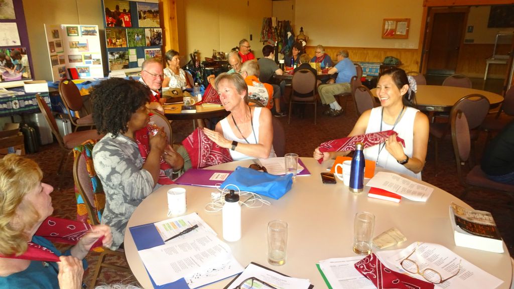 Helen Zimba, Karen McCracken & Kathy Lee-Cornell working on Bandana challenge.